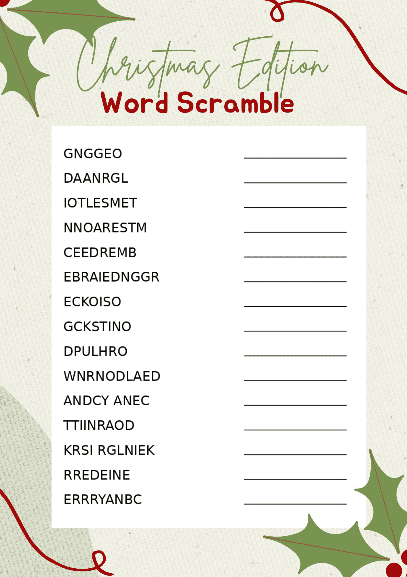 free christmas word scramble printables for 2025 - crazy laura